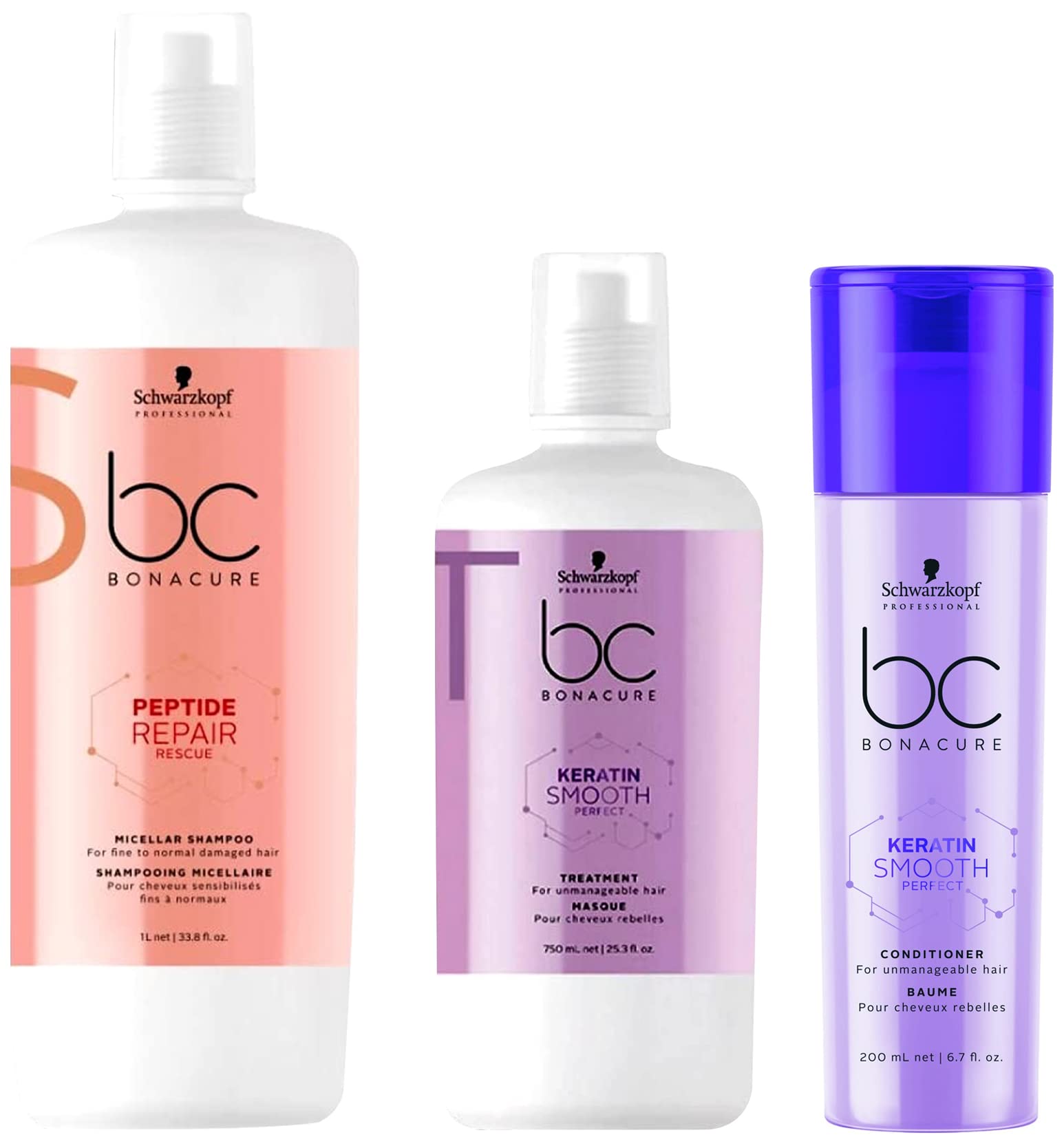 Schwarzkopf Professional Bonacure Peptide Repair Rescue Micellar Shampoo & Professional Bonacure Keratin Conditioner & Professional BC Keatin Treatment,3 Count