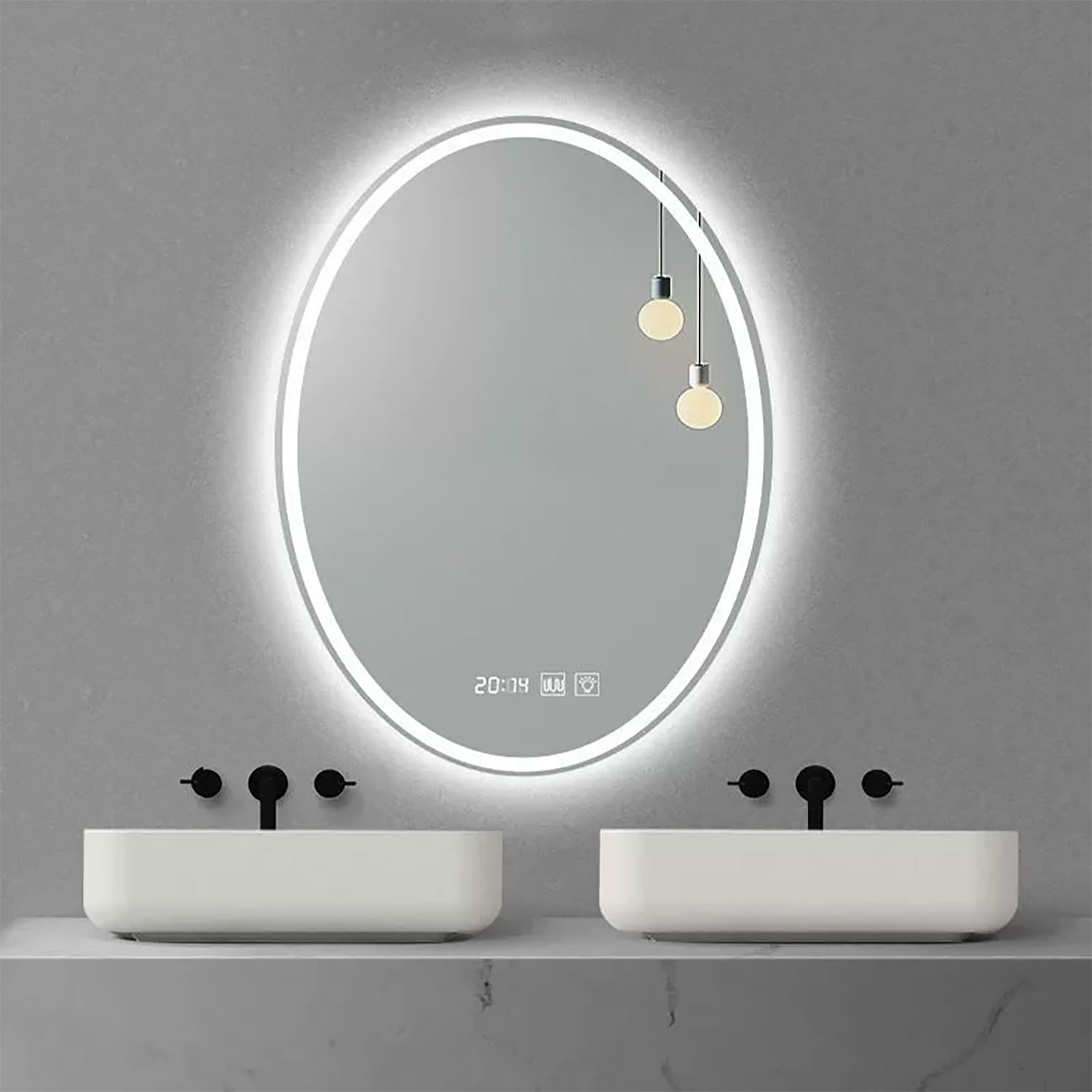 Miroir antibuée rétroéclairé ovale avec interrupteur tactile pour mur