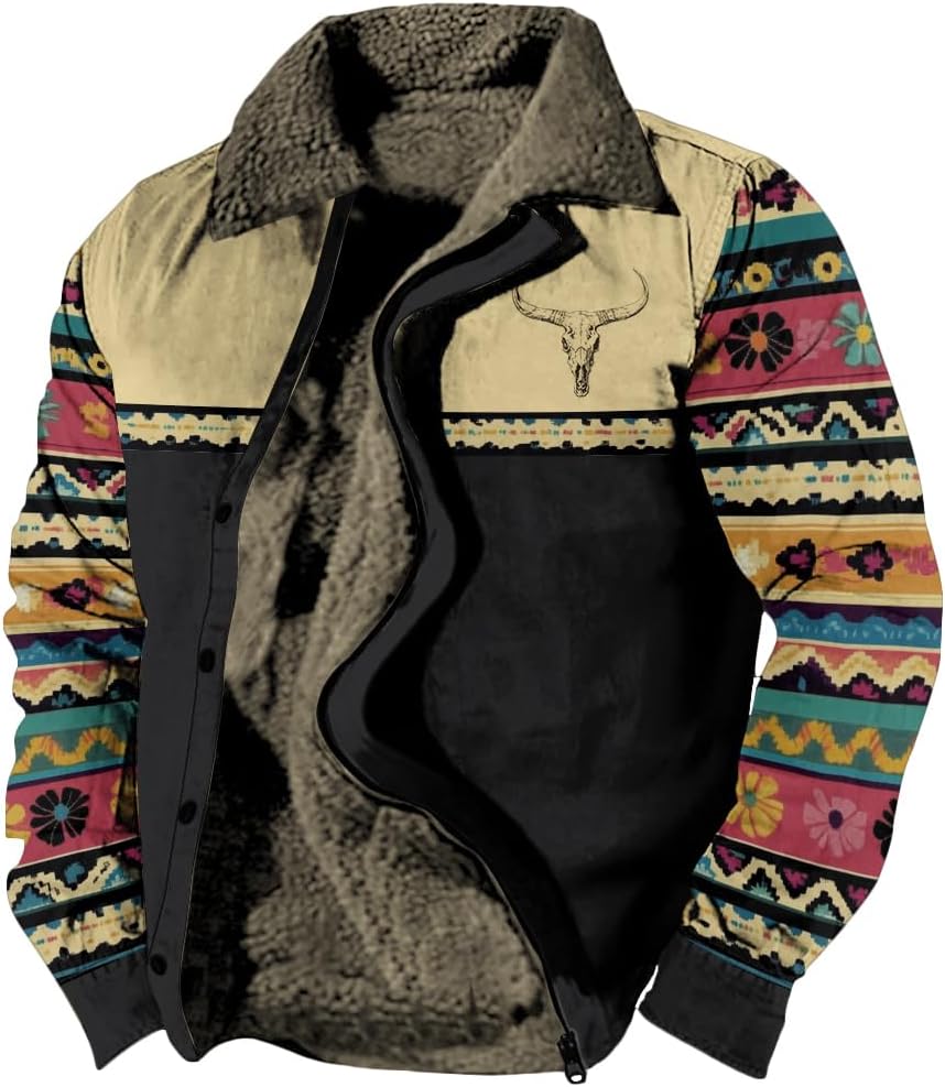 DMOYALA Western Aztec Jackets for Men Fleece Cowboy Shirt Jackets Cow Skull Graphic Coats Long Sleeve Jackets with Pocket