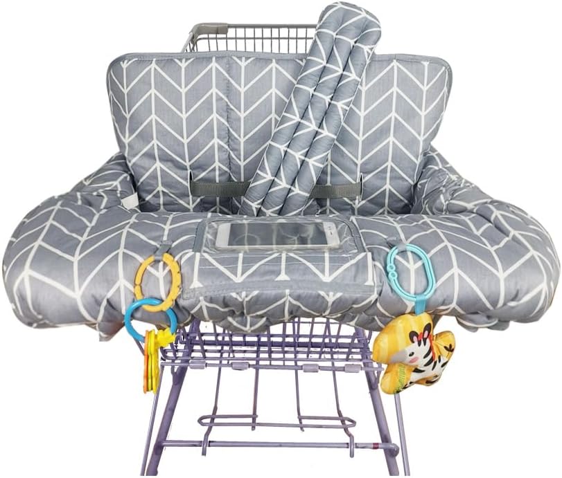 Shopping Cart Cover for Baby, 2 in 1 cart Cover for Babies N high Chair Cover, Padded Grocery cart seat Cover for Baby Girl boy, with 1โ Thick/Removable/Reversible Cushion, Grey;