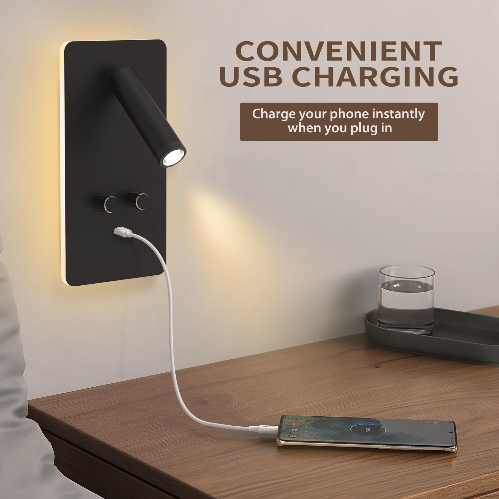 M04 Ścienna lampa do czytania z regulacją jasności (0,9-3,7W) - LED z podświetleniem 1,2-6W, port USB, do montażu na wtyczkę lub stałe podłączenie，Czarny