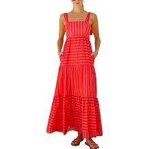 Women's Casual Sleeveless Maxi Tiered Resort Beach Vacation Striped Dress with Pockets