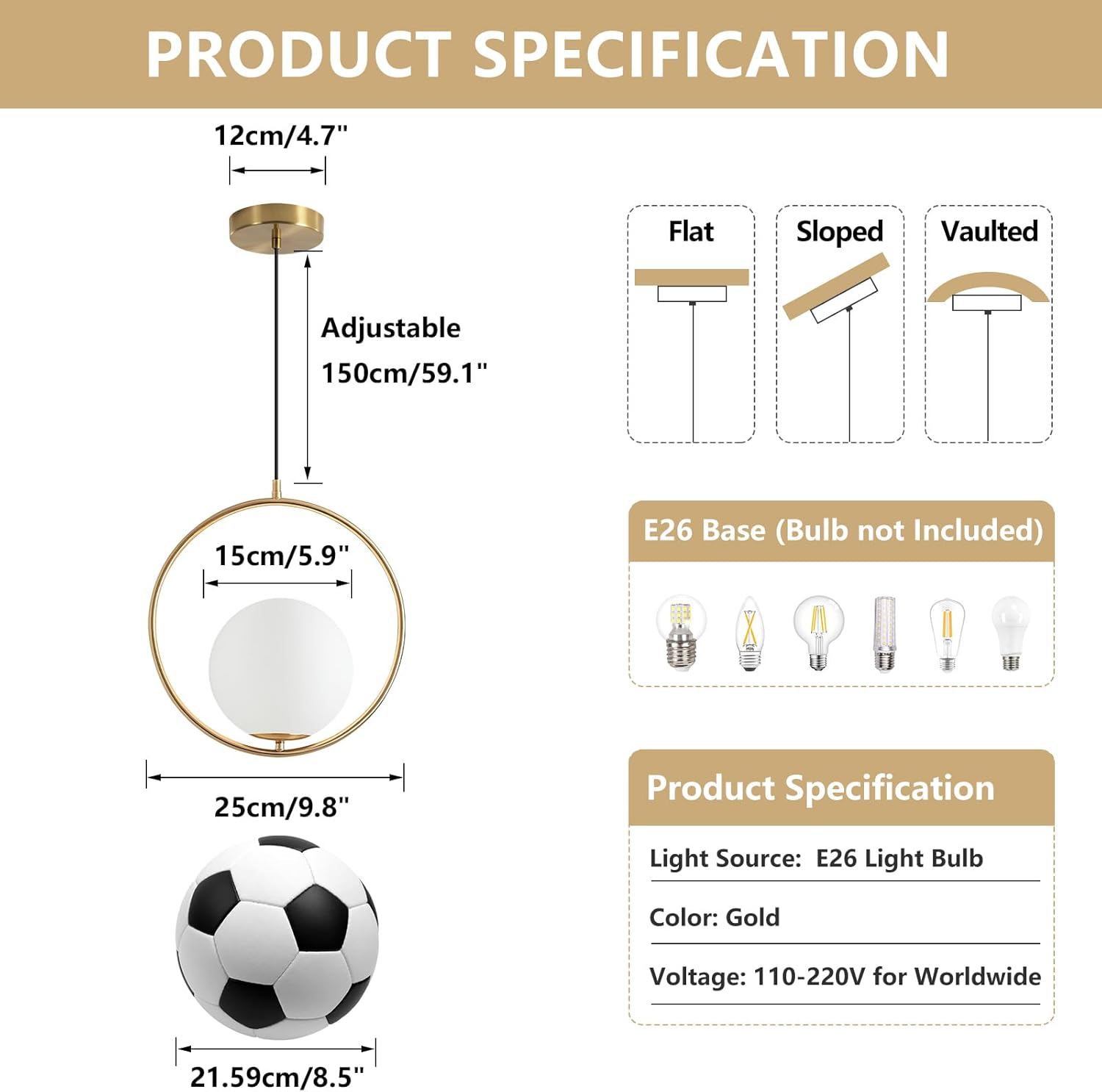 KCO Modern Gold Globe Pendant Light 1-Light Single White Glass Kitchen Island Pendant Lighting Fixture Mid Century Adjustable Chandelier for Living Room Dining Room (9.8”-Small)