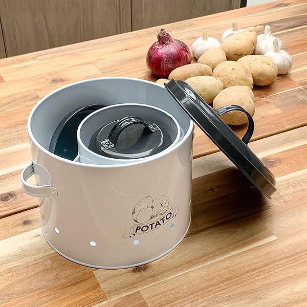 SOTECH Potato Onion Garlic Storage Bin with Lid Set of 3 Kitchen Pantry Organizer and Tin Vegetable Keeper Ventilated Vintage Grey and White Farmhouse Metal Containers Keeps Vegetables Fresh by SOTECH - Used condition - Image 4