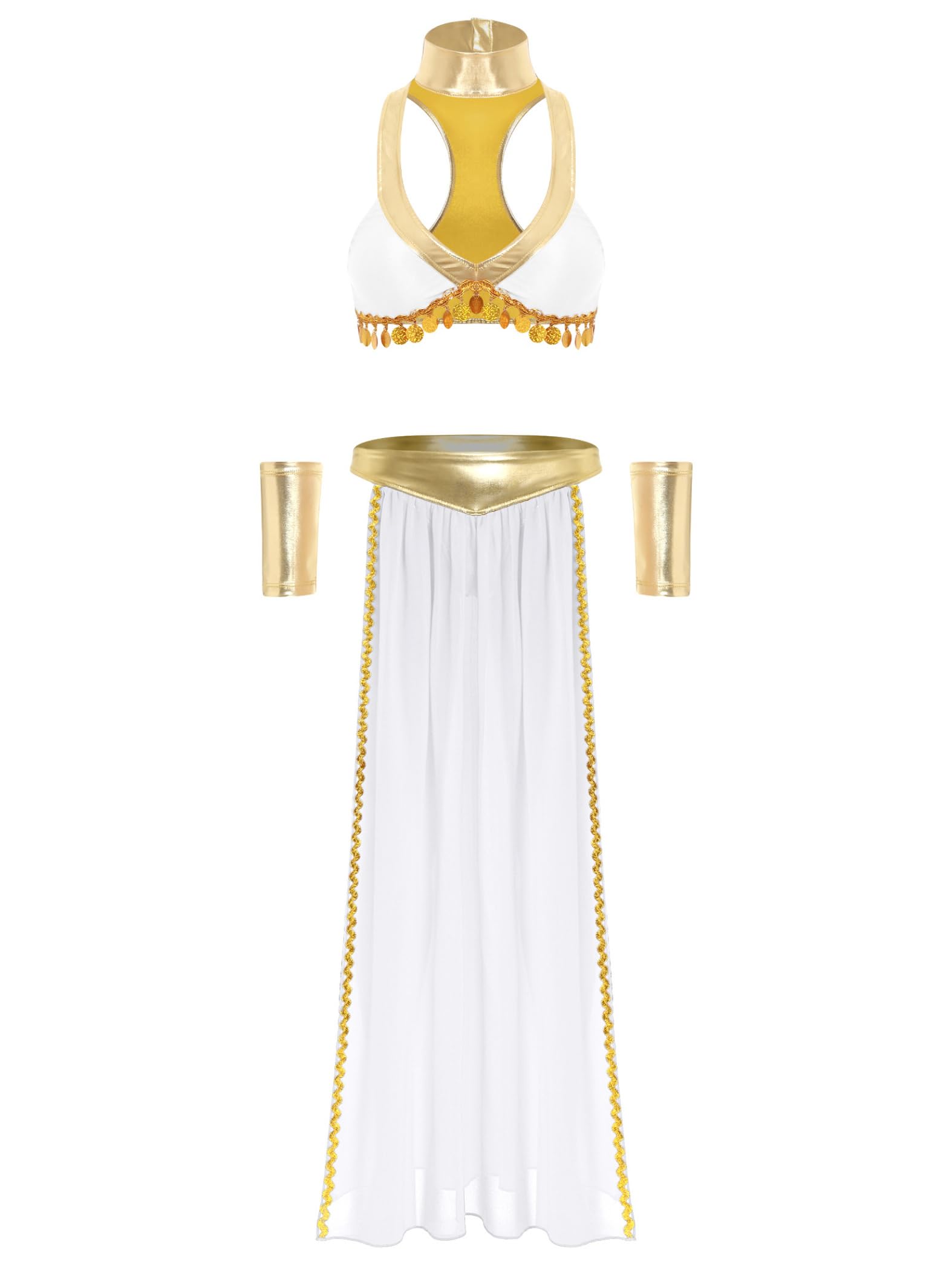 Donna Completo Danza del Ventre Vestito da Ballo Indiano Arabo Reggiseno e Gonna Lunga Costume della Dea Greca Regina Egiziana Costumi Carnevale Halloween
