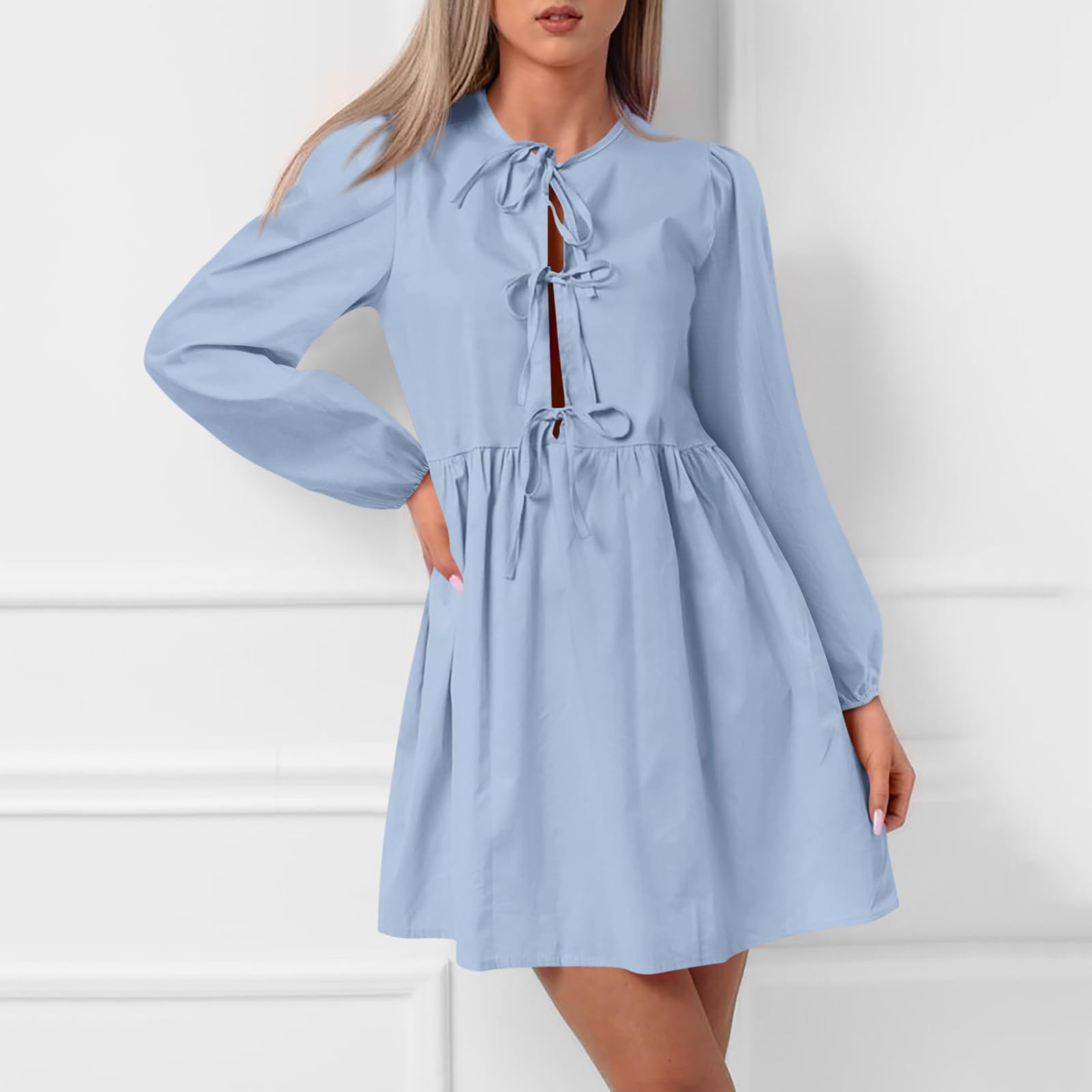 Mini Abito da Donna con Peplo e Fiocco a Maniche,Abiti Autunnali da Donna,Abito Corto con Volant a Trapezio, Grazioso Abito Tunica svolazzante, Grazioso Mini Abito Tunica (XL,Light Blue)