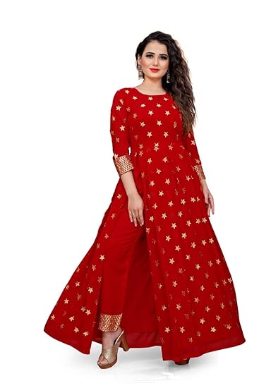 Women's Rayon Embroidered Long A-line Full Sleeves Gown with Pant Set for Women & Girls