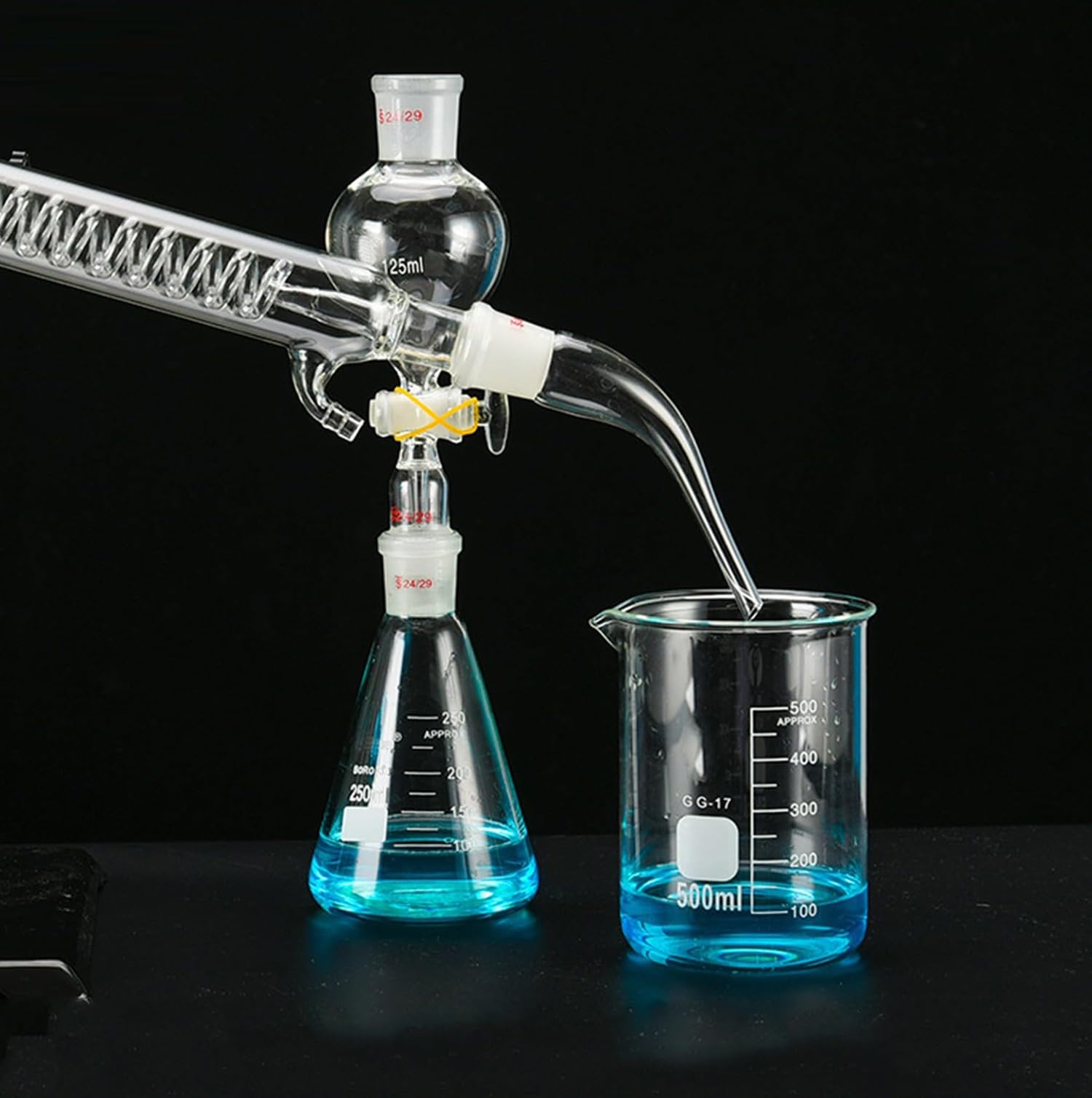Kit de aparato de destilación, destilador de aceites esenciales, enseñanza de ciencias industriales en el hogar, equipo de destilación de vapor al vacío, cristalería y agua
