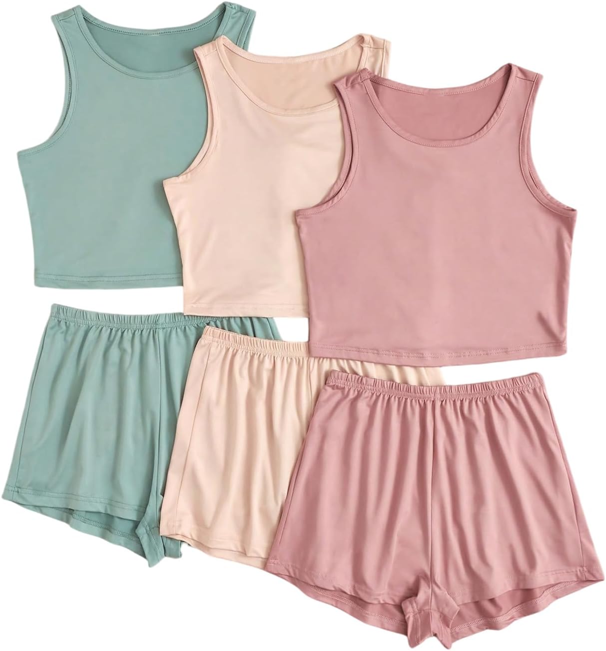 OYOANGLE Women's 6 Piece Summer Pajama Set Crop Tank Top and Shorts Pjs Lounge Set Sleepwear