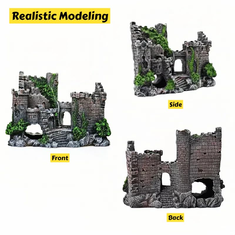 Image of Aquarium Resin Castle Decoration, Fish Tank Castle Decoration with Hideout & Swim-Through Tunnels, Resin Castle for Betta,Turtle,Shrimp & Small Fish, Ideal Hideouts Stone Cave Hide House