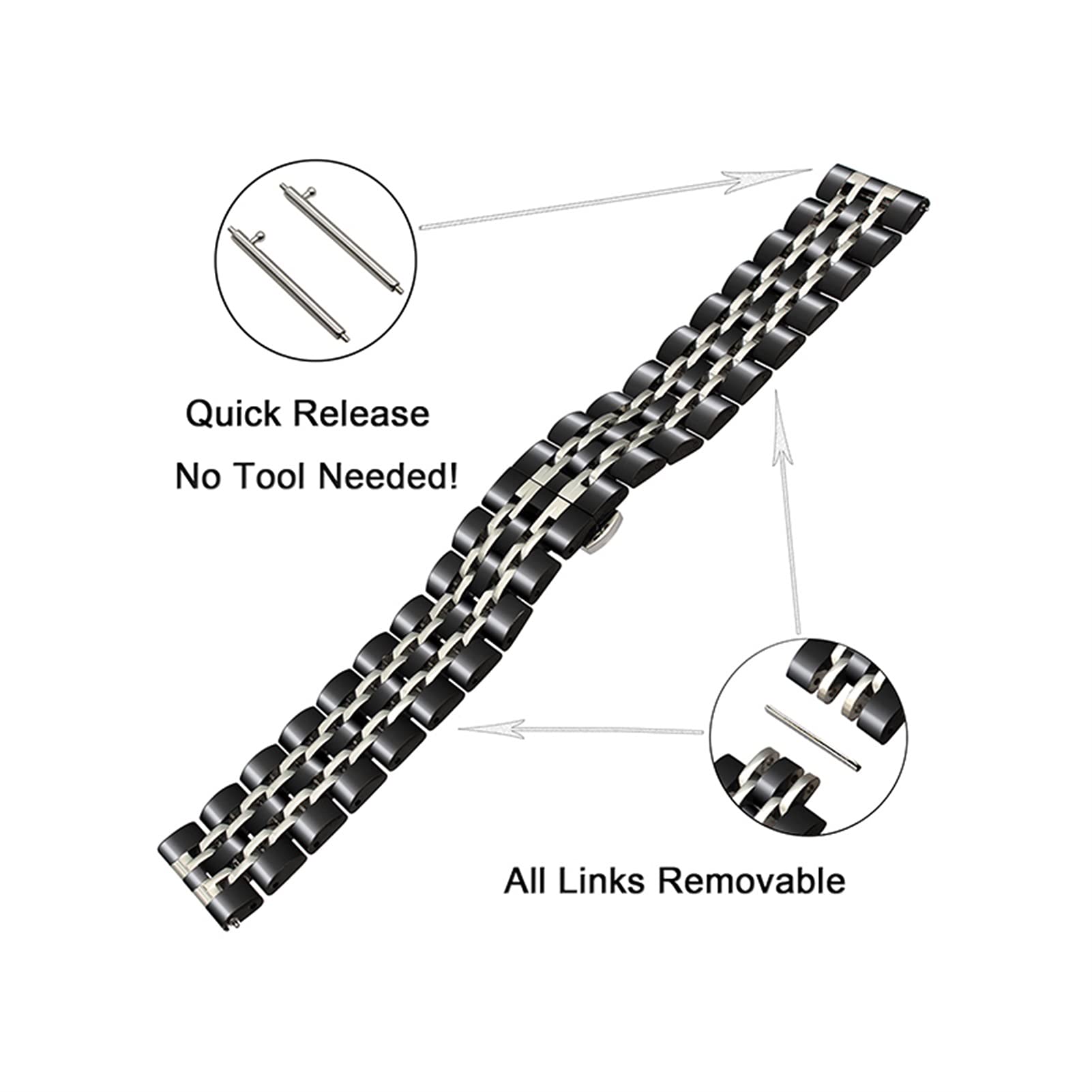 Bracelet de Montre en Acier Inoxydable à dégagement Rapide, pour Boucle Papillon de 20mm et 22mm, en métal Massif détachable