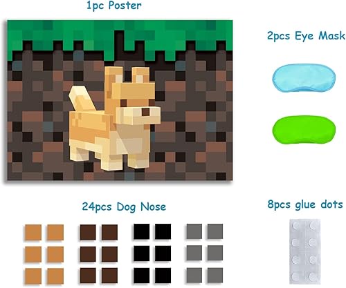 Miniatura 3 de Miner crafting Party Supplies, Pin the Nose on the Dog Pixel Pin the Tail Game. Juegos de minería, papel de placa de cobre grande de 5.54 oz, vendas