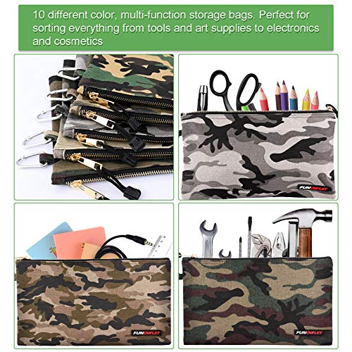 Canvas Tool Pouch Zipper Bag - 5 Pack Heavy Duty Utility Camo Bags With Carabiner, Multi-Purpose Storage Organizer Clip On Tote Pouches 12.5 X 7-Inch #TOP4
