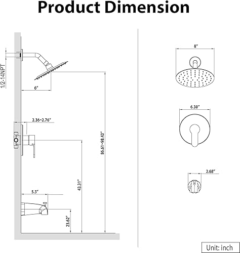 Miniatura 7 de Esnbia Kit de ducha de bañera (válvula de ducha incluida), juego de grifo de ducha con cabezal de ducha de lluvia de 8 pulgadas y asa, juego de