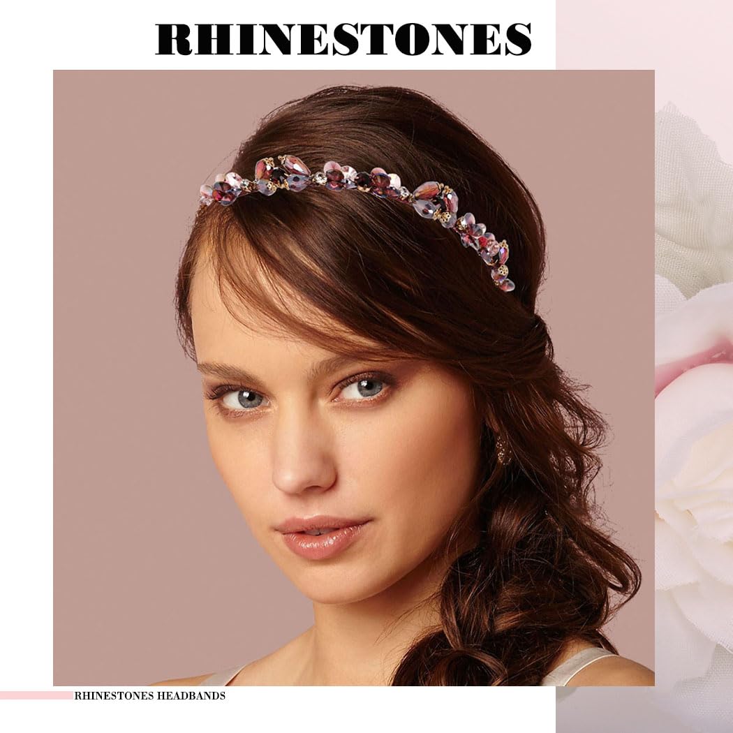 Baroque Rhinestones Headbands Purple Thin Hairband Bling Crystal Beaded Head Band for Women(Purple) - Image 5
