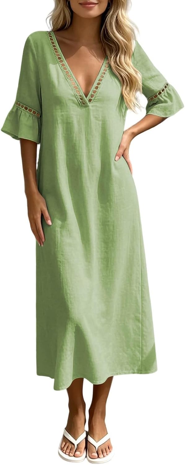 Summer Dresses for Women Casual V Neck Flare Short Sleeve Midi Dress Hollow Out Cotton Beach Vacation Outfits