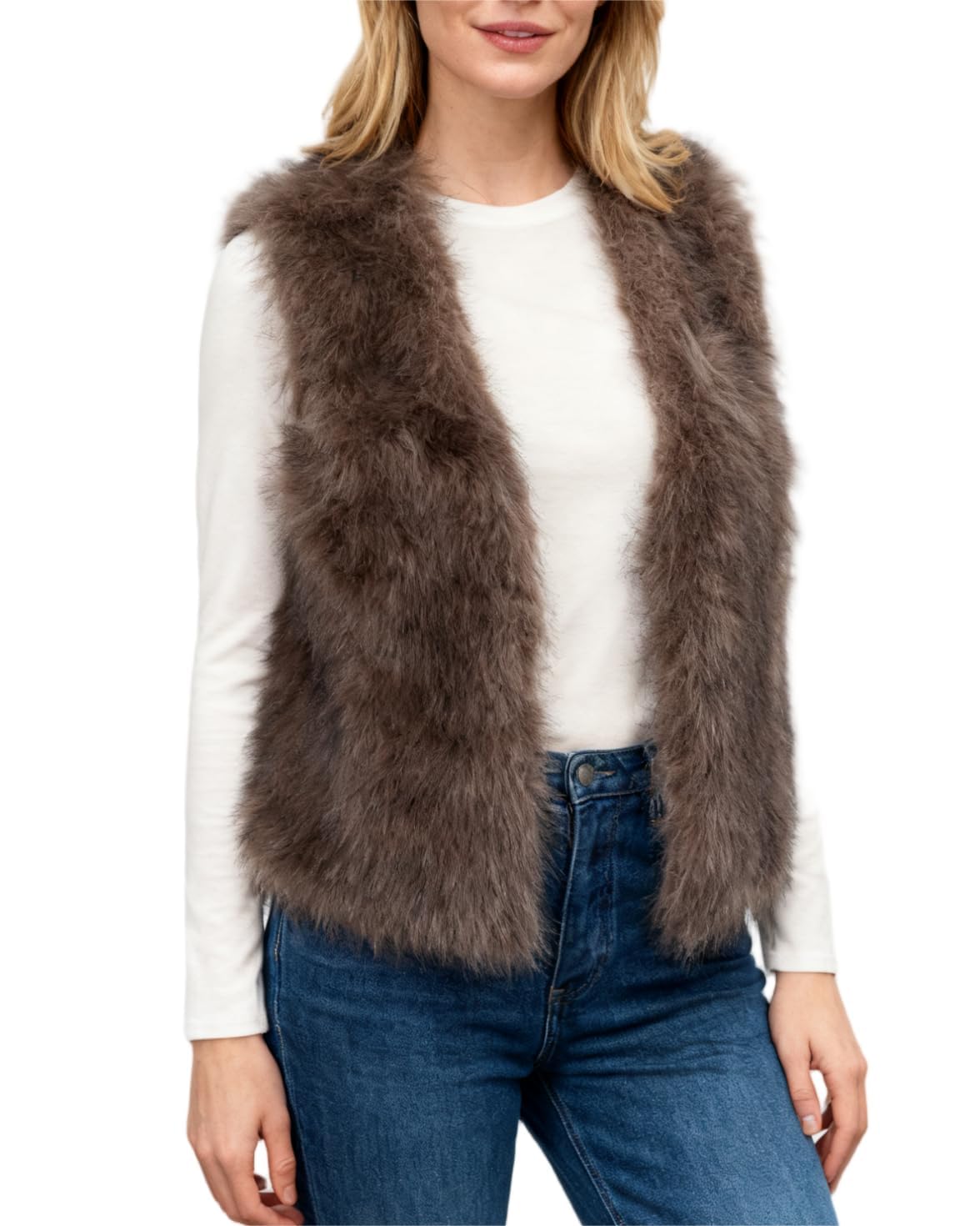 Amazhiyu Gilet en fausse fourrure pour femme, gilet d'hiver sans manches en fausse fourrure, cardigan décontracté ouvert sur le devant, gilet léger en fourrure