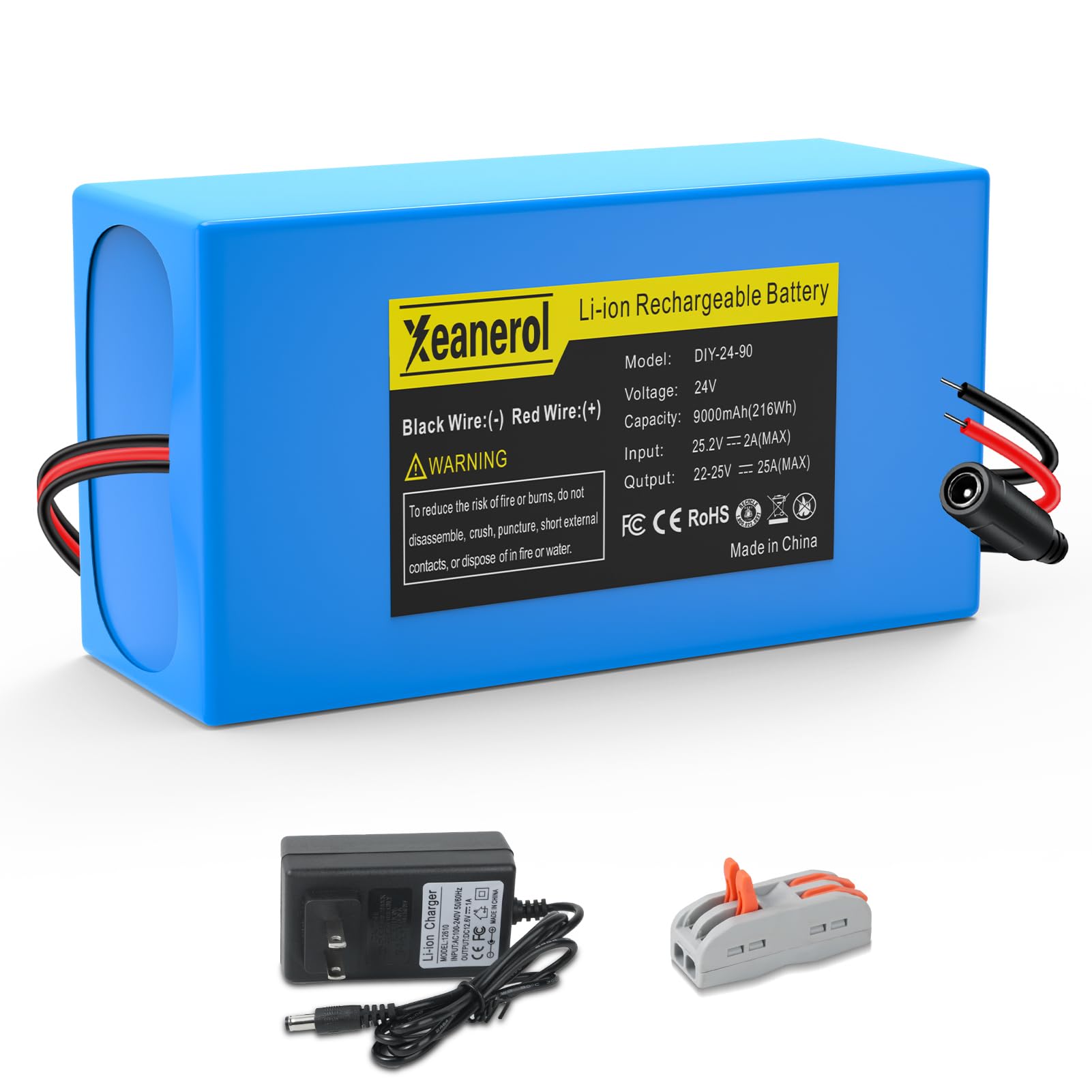 24V 9Ah Lithium Battery, Rechargeable Li-ion Battery with 24V 2A Charger, Cable Connector, Bare Leads Wire for 24 Volt DIY Project LED Light Strip RC Car CCTV Camera