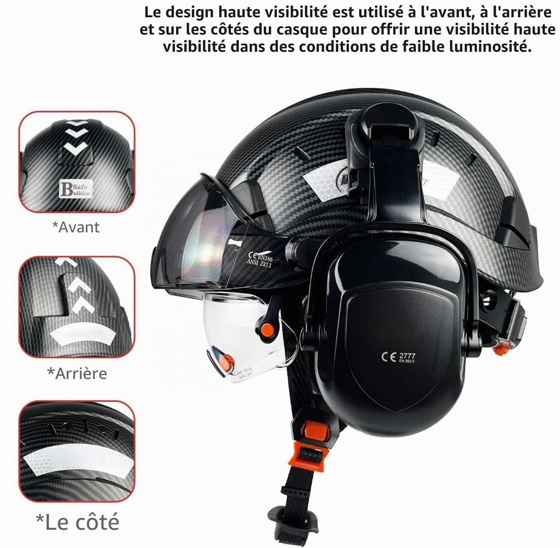 Casque de sécurité industriel en fibre de carbone avec double visière de protection pour les yeux, protège-oreilles, protection auditive, haute sécurité en ABS, casque de chantier ventilé