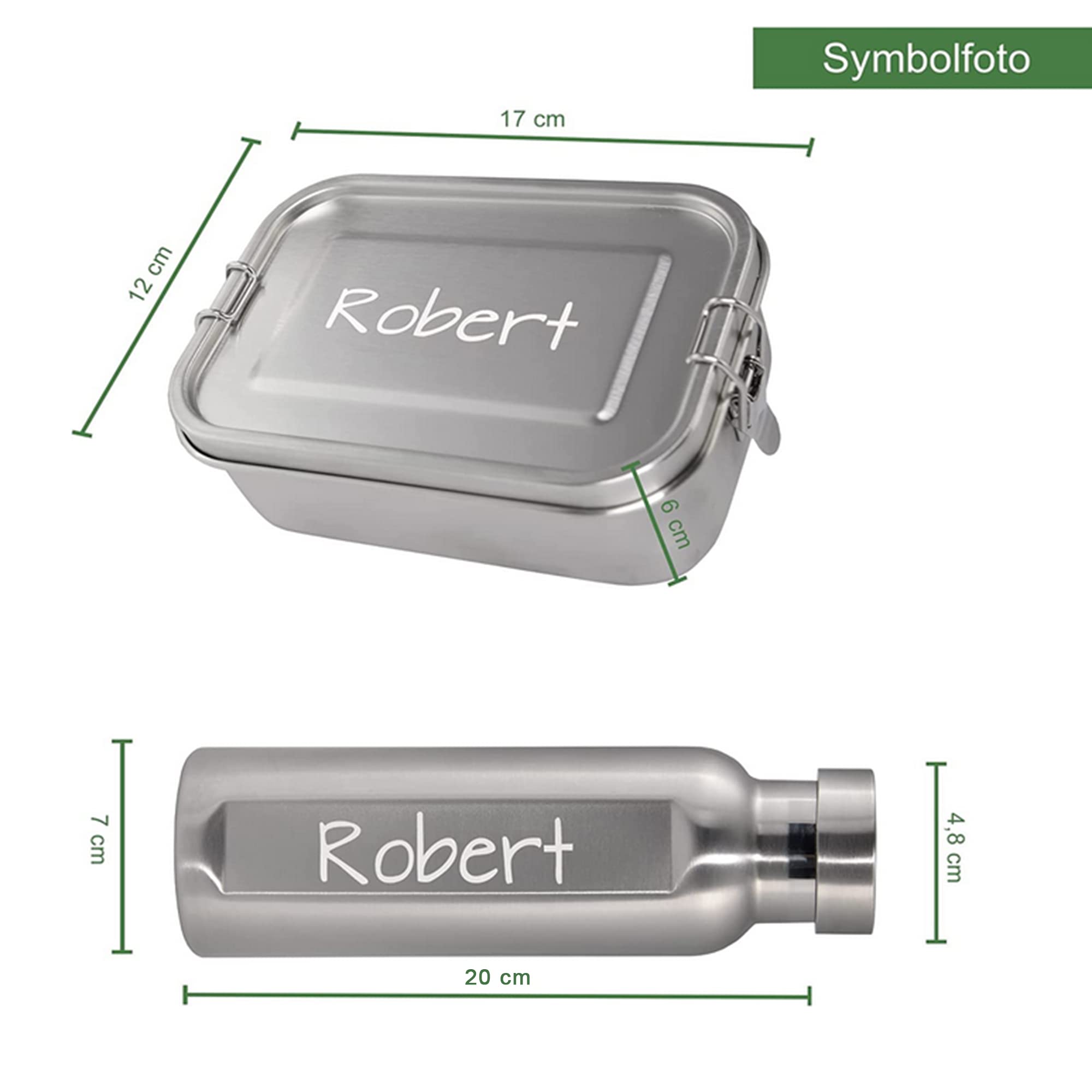 LOOXIS Personalisierte Edelstahl Lunchbox + Trinkflasche Set mit Namen graviert – 800 ml, 470 ml, inkl. Abtrennung, Auslaufsicher, Bento-Box – Geschenkidee, Einschulung, Sport, Outdoor, Freizeit
