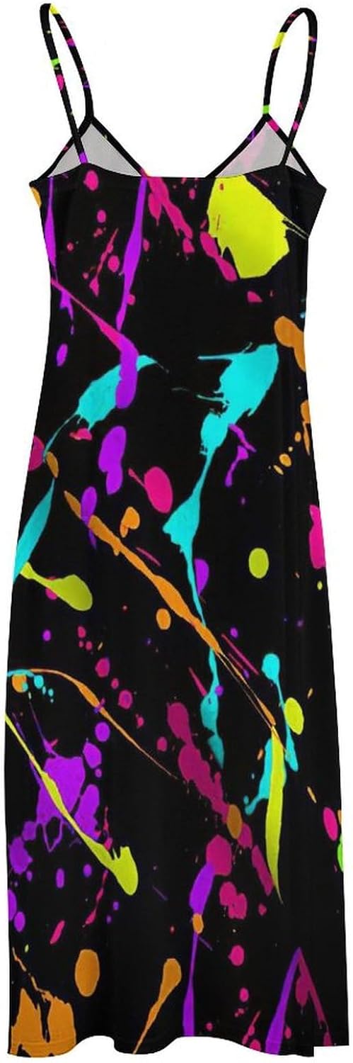 Glow in Dark Splatter Neon Women's Summer Maxi Dress Long Sleeveless Strap Beach Dresses - Image 6