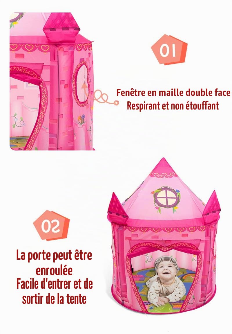 Tente Enfant Rose Château Princesse Maison de Jeu Intérieur Pliable
