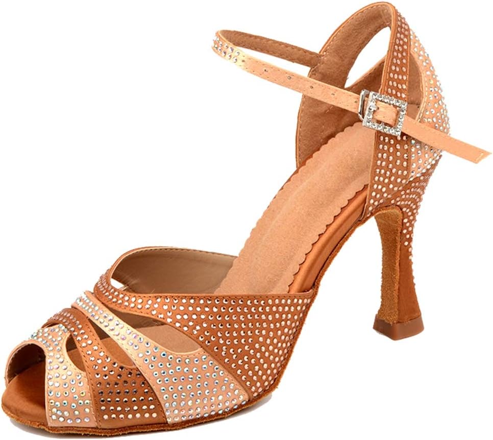 Women's Flared Heel Satin Rhinestones Salsa Ballroom Latin Wedding Dance Shoes Prom Evening Praty Sandals