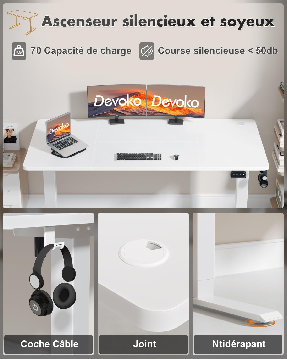 Bureau Assis Debout Électrique 120x60 cm - Réglable en Hauteur Motorisé avec 2 Mémoires - Blanc