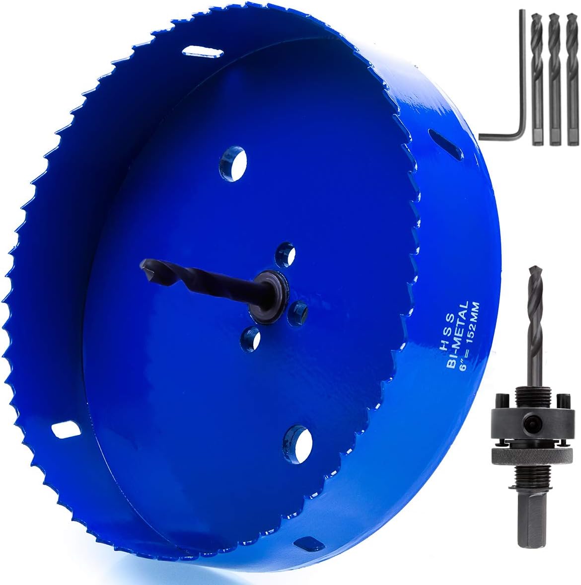 ASelected 6 inch 152 mm Hole Saw Blade for Cornhole Boards/Corn Hole Drilling Cutter & Hex Shank Drill Bit Adapter for Cornhole Game/Carbon Steel & BI-Metal Heavy Duty Steel (Blue)