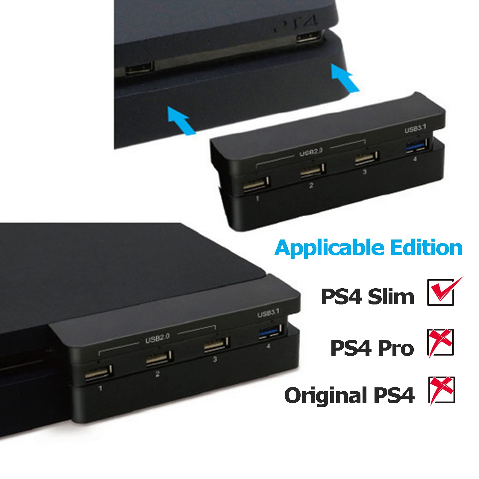 SOONHUA Hub de extensión USB de 4 puertos, USB 3. 0 Hub, USB 3. 0 Divisor de extensión para consola de juegos PS4 Slim USB 2. 0 3. 1 adaptador de concentrador para consola de juegos PS4 Slim