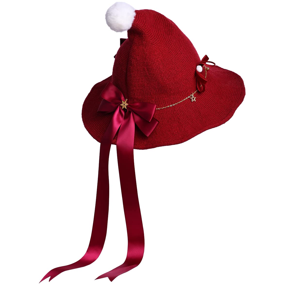 Sombrero de bruja para mujer, con lazos rojos, gorro de punto de lana para Halloween, fiesta de Navidad