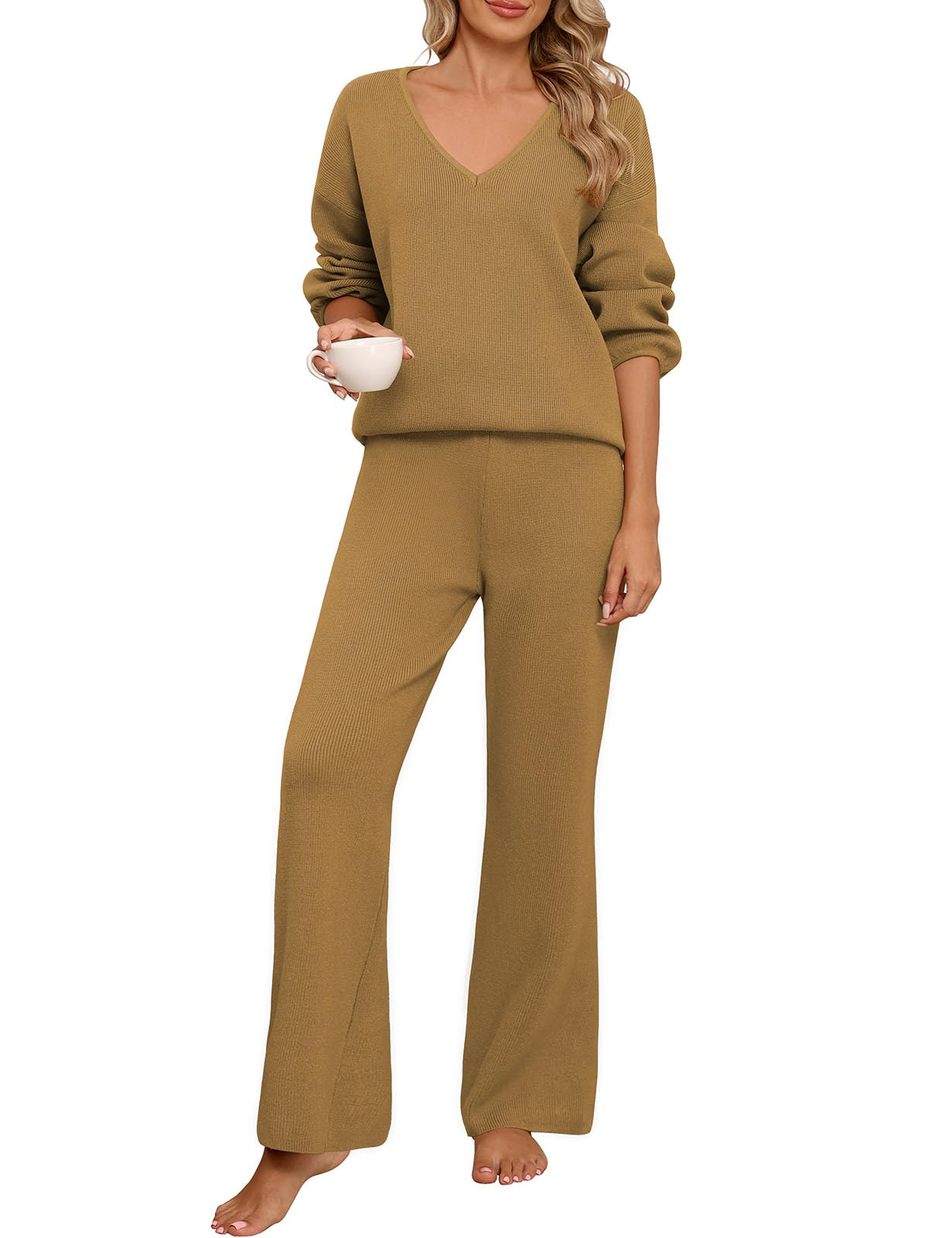 CMTOP Ensemble Femme 2 Pièces Pyjama Hiver Automne Survêtement Jogging Sportswear Col en V Tricot Manches Longue Elastique Taille Haute Pantalon Chic et Elegant Loungewear Set
