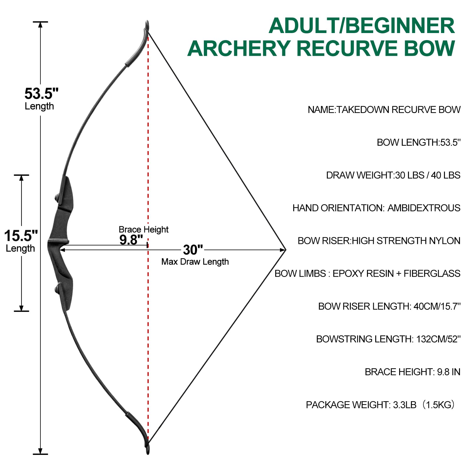 Tir à l'arc Takedown Arc Classique pour Adulte Débutant Droitier Long Arc Kit Plein air