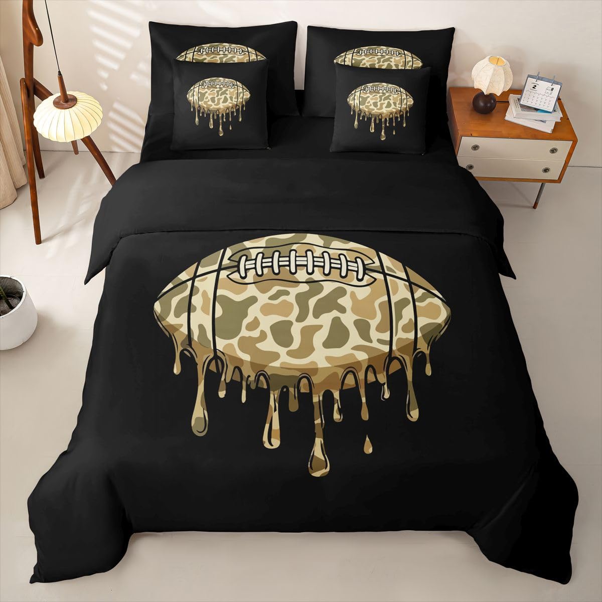 Camo Fußball Bettwäsche 200x200 7teilig Rugby Sport Bettwäsche-Set 1 Bettbezug,1 Spannbettlaken,1 Bettlaken,2 Kissenbezüge,2 Dekokissenbezüge Kinder Jungen Mädchen Camouflage EIS Tropfen