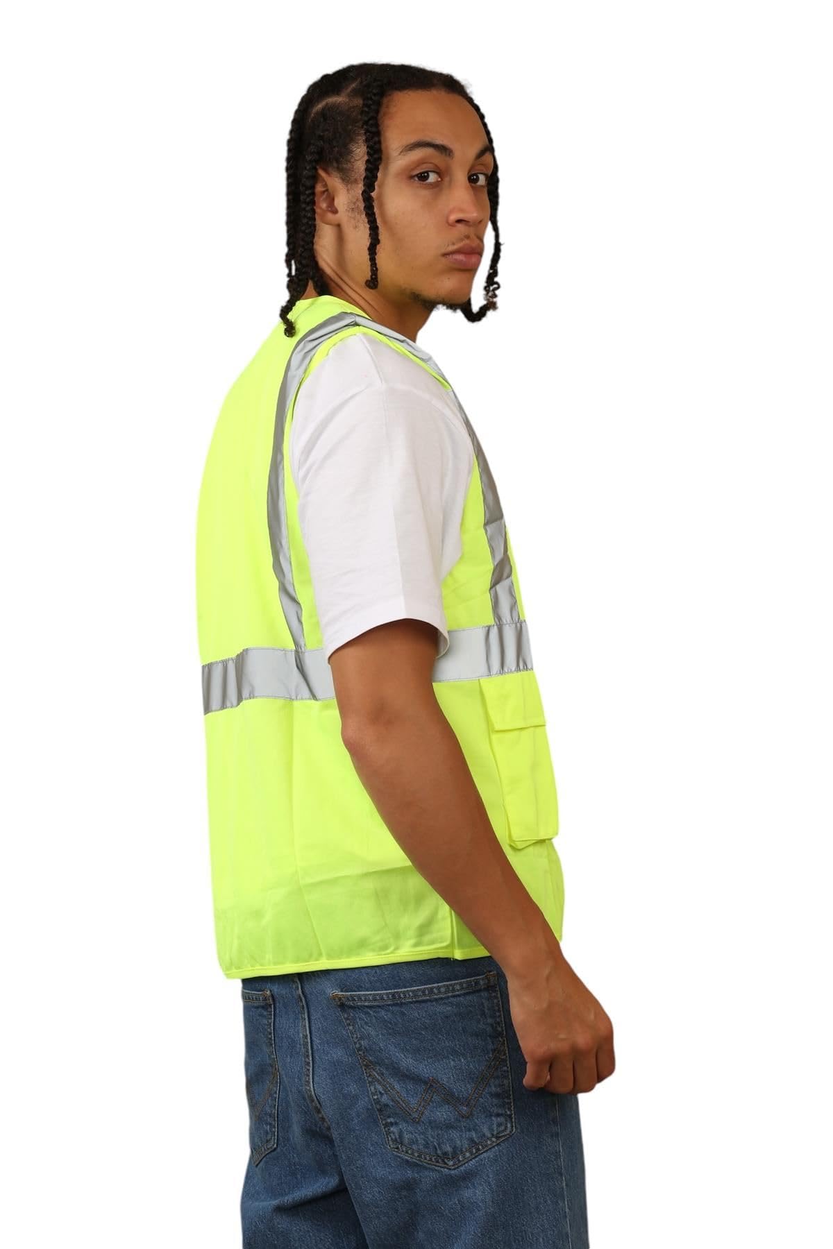 Gilet di sicurezza da uomo ad alta visibilità, ad alta visibilità, senza maniche, con tasche, scomparto per documenti, portapenne, anello per chiavi e nastro riflettente