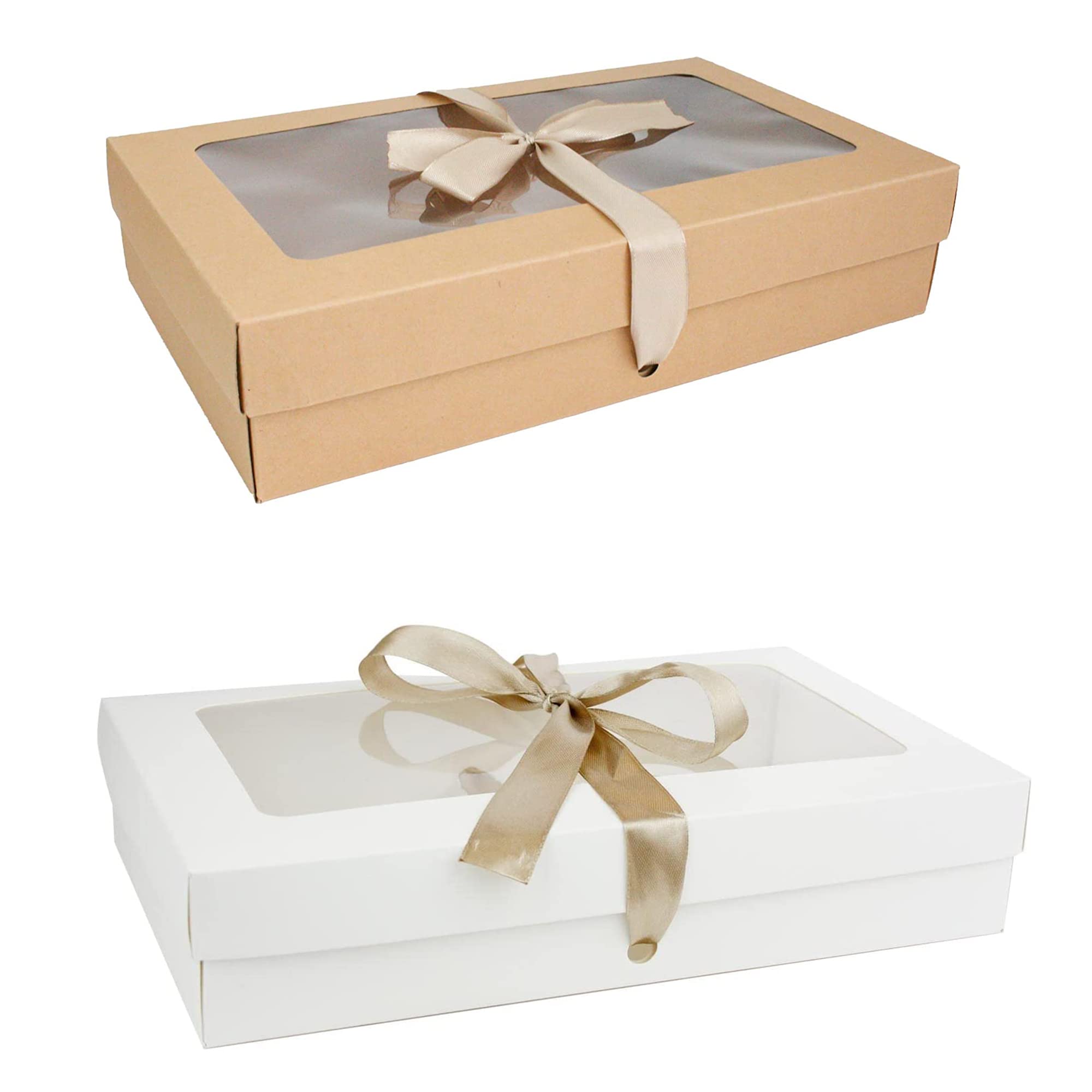 Emartbuy Pack of 12 Gift Boxes, 21.5 cm x 13.5 cm x 4.5 cm, White and Brown Kraft Box with Clear Lid and Gold Satin Ribbon