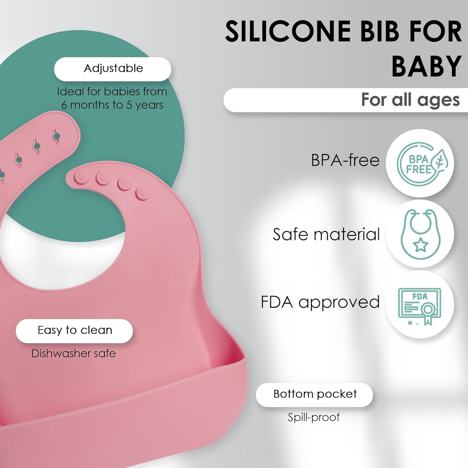 QLECT BPA Free Silicone Baby Feeding Set | Microwave Safe | Complete Set for Feeding & Baby Training | Anti-Slip Base | Babies & Toddlers with Suction Plate Bowl Cup Spoon Fork & Bib (Pink)