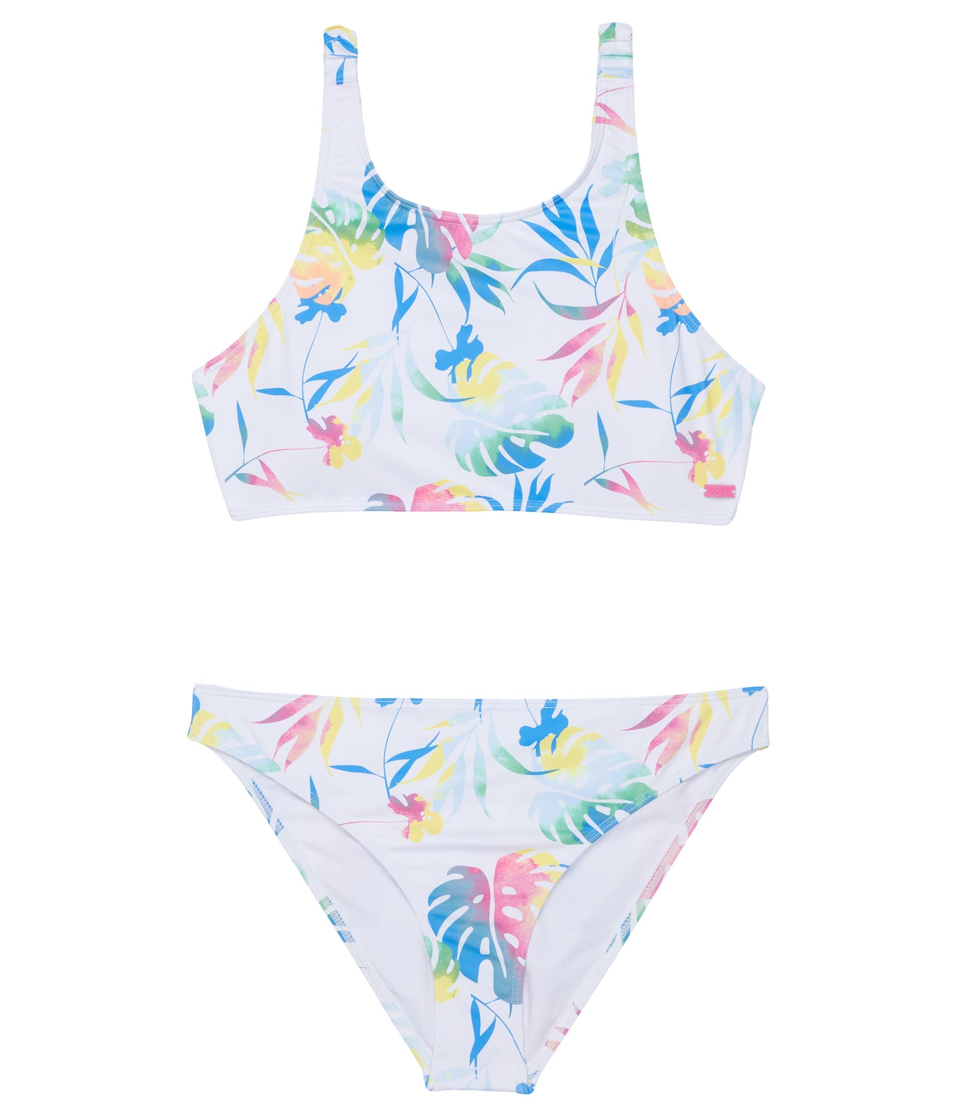 Roxy Girl's Good Romance Crop Top Swimsuit Set (Big Kids) Bright White Surf Trippin 8 Big Kid