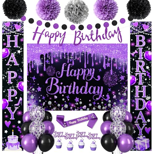 Purple Birthday Decorations for Women Girls Purple and Black Party Decor Supplies with Paper Pom Poms Porch Signs Door Happy Birthday Banner Backdrop Balloons Sash Cupcake Toppers