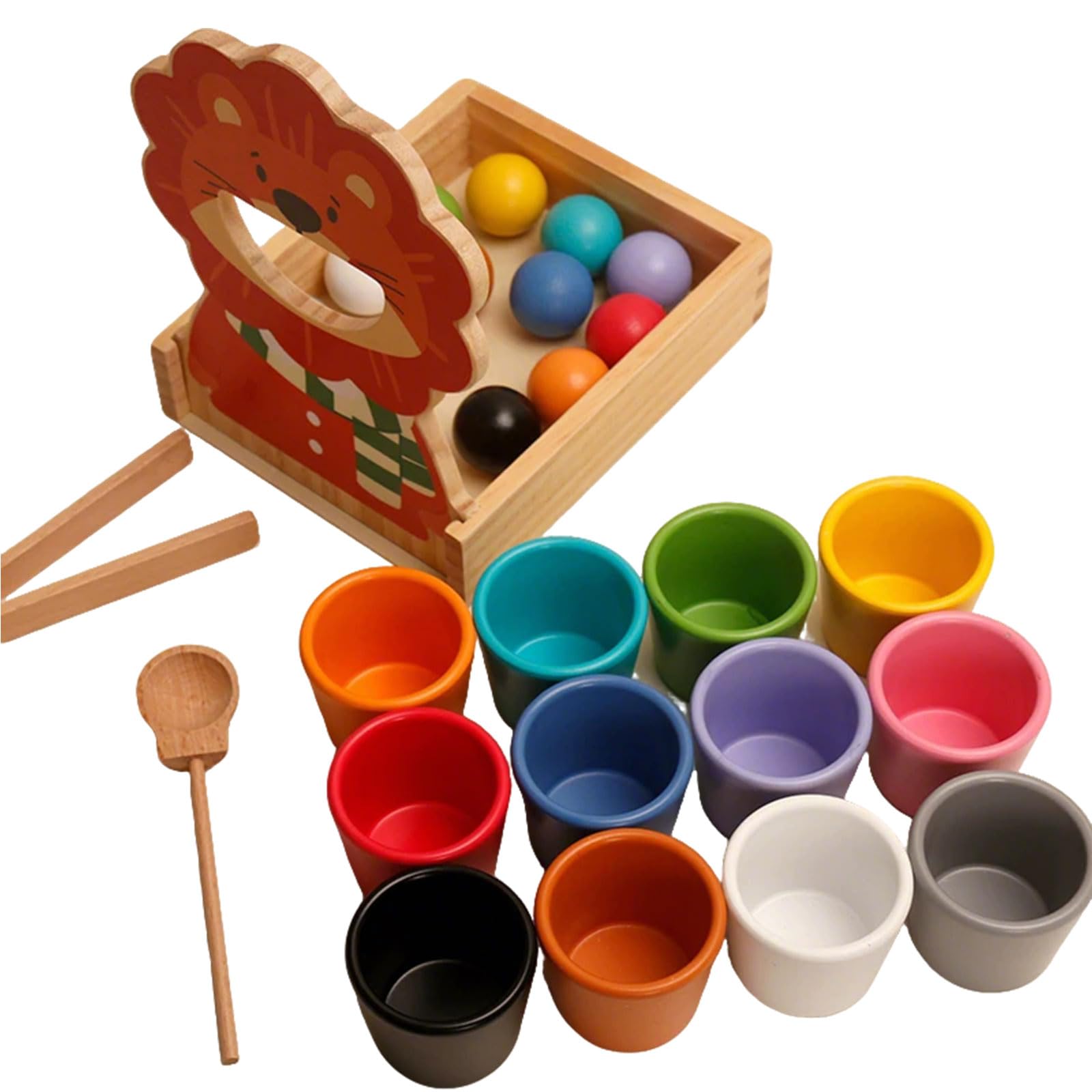 ttnmrc Montessori Wooden Lion Feeding Game Color Sorting Cups Toy