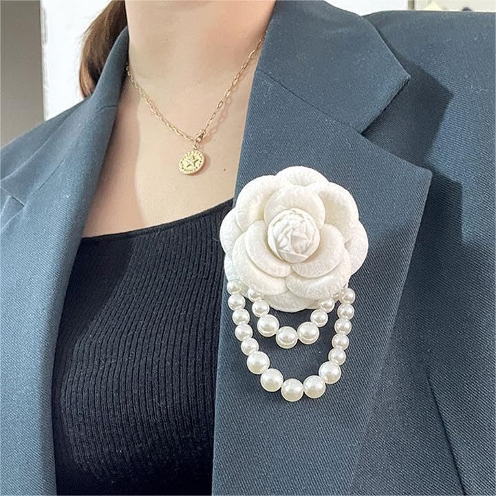 Image of Fabric Camellia Flower Brooch Pins Pearl Tassel Brooches Hair Hairpin Headpieces Shawl Clips Shirt Jacket Wedding Clothes Accessories Jewelry for Women Fashion