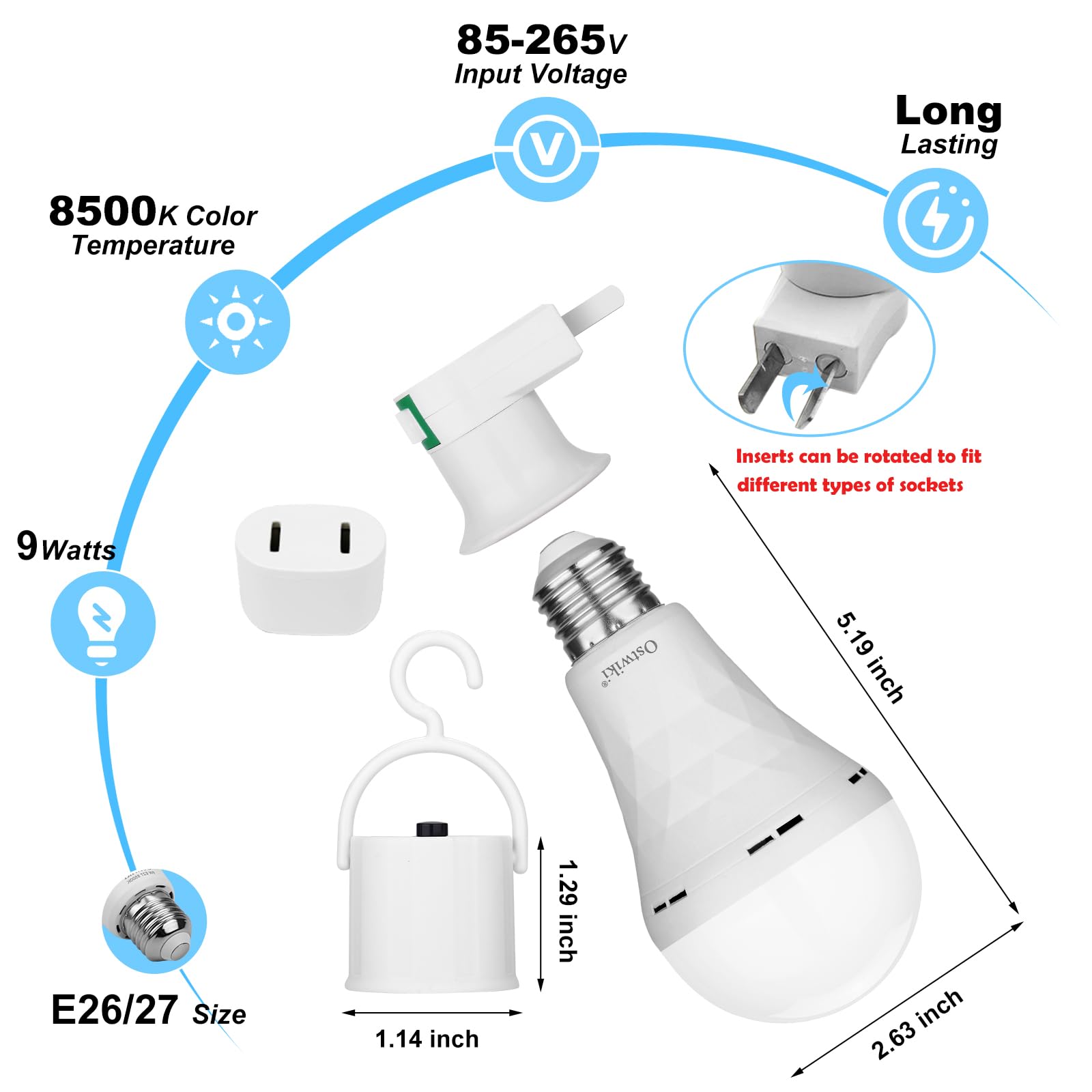 Ostwiki Wiederaufladbare Glühbirnen, batteriebetrieben, Notfall-Leuchtmittel für Stromausfall, Camping, Outdoor, Hurricane, 9 W, E27, 8500 K, 1200 mAh, Weiß, entspricht selbstaufladenden