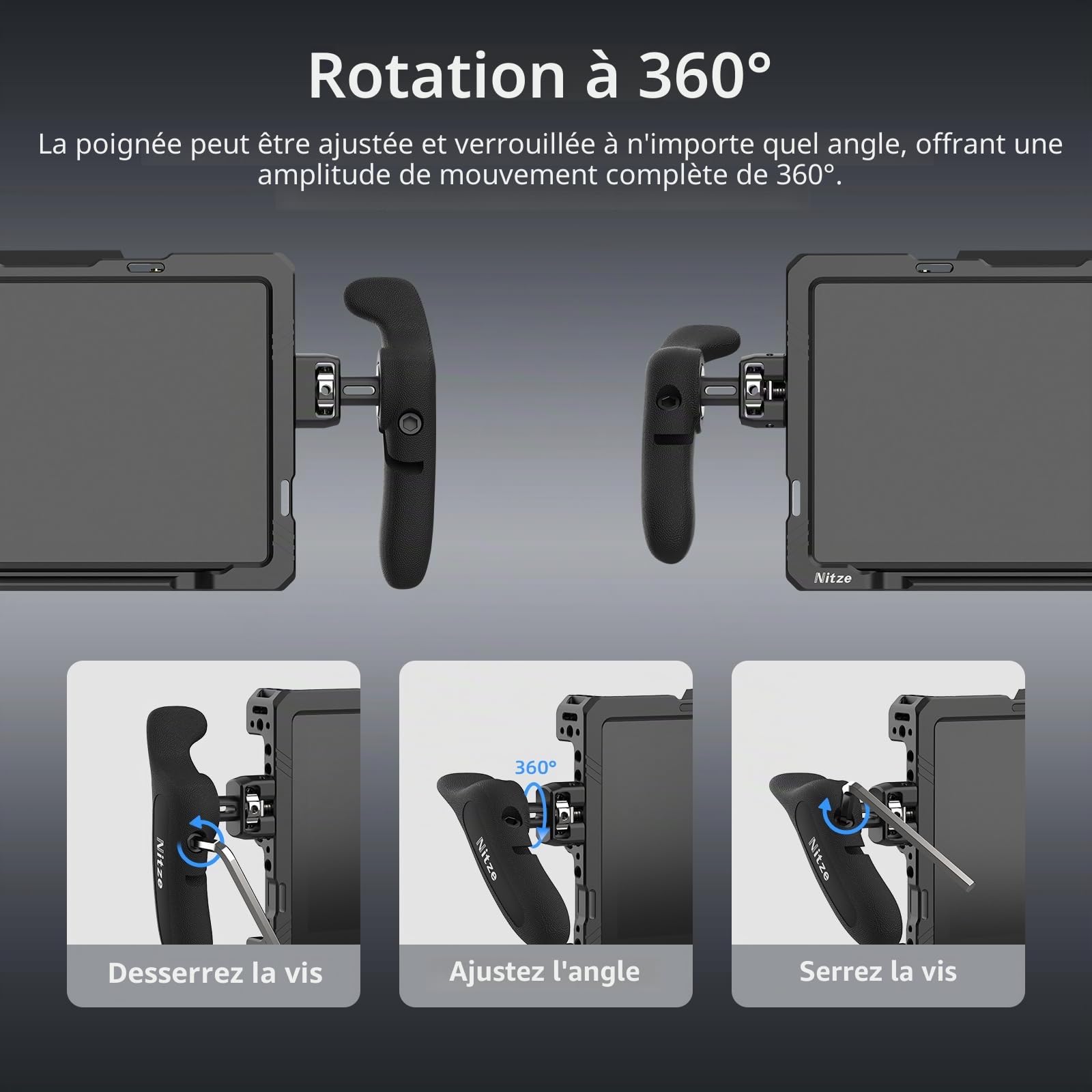Nitze Poignée Latérale avec Vis 1/4" et Goupilles de Positionnement Rétractables, Réglable 360° pour Ipad, Moniteur et Cage Appareil Photo PA32D