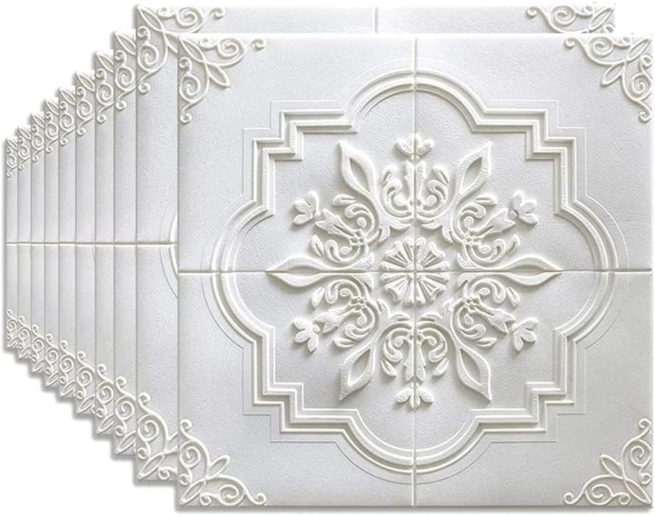3D Wall Panels Self Adhesive Wall Panels 35 * 35cm 3D Tile Wall Sticker Waterproof, Moisture Proof, Sound Insulation Wallpaper Soft PE Foam Panels Wall Decor, 10PCS (White-2)