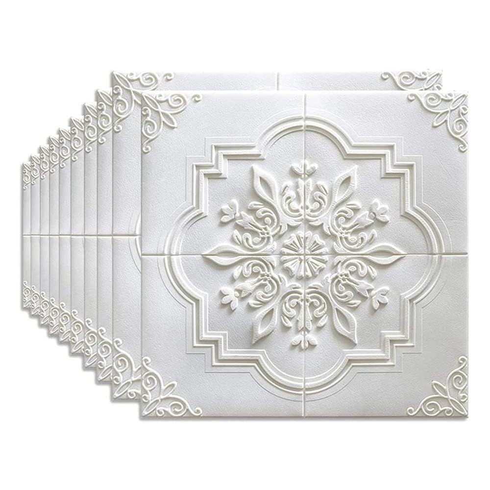 3D Wall Panels Self Adhesive Wall Panels 35 * 35cm 3D Tile Wall Sticker Waterproof, Moisture Proof, Sound Insulation Wallpaper Soft PE Foam Panels Wall Decor, 10PCS (White-2)