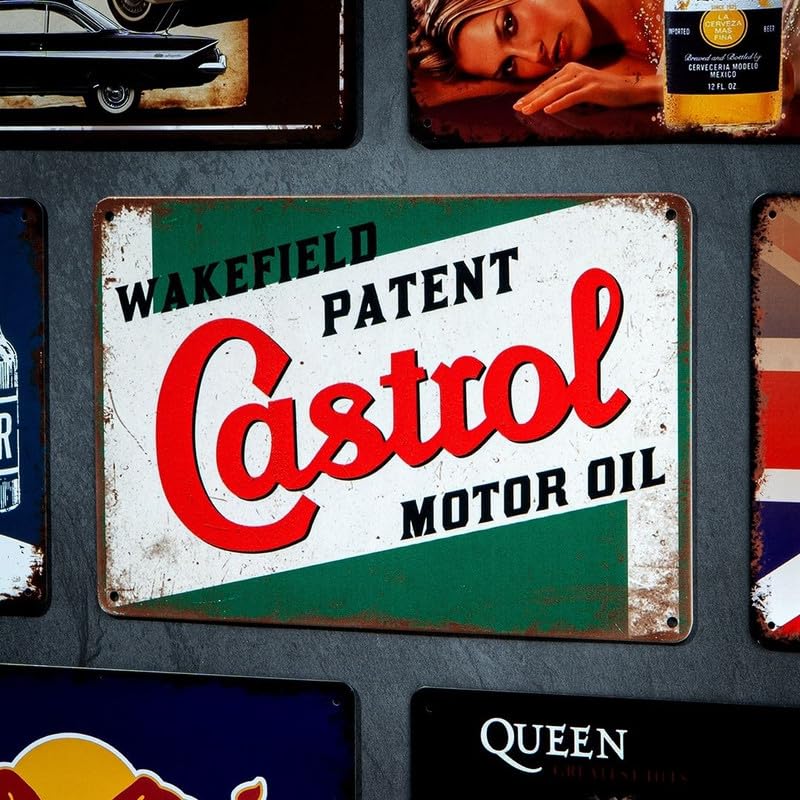 Image of Decorative Retro Metal Signs Wall Plate - 12x8 Inch (Castroll Motor Oil) | Weatherproof Vintage Metal Sign Plate for Cafe, Home, Bar, Garage | Decorative Wall Hanging Sign Board
