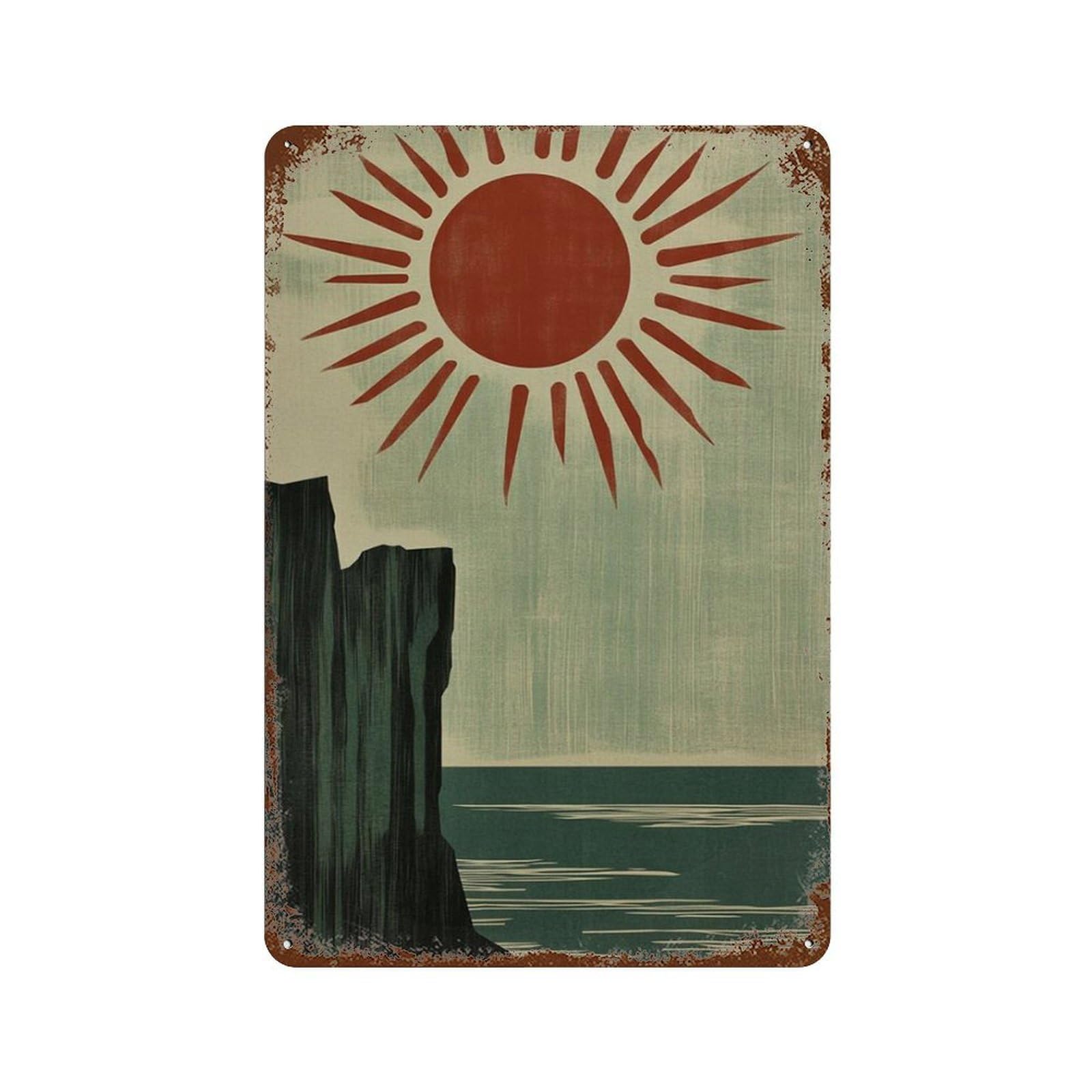 xiaoxiaoshen Coastal Cliff Sunburst Retro Sea Landscape Minimal Ocean Wall Decor Art Metal Tin Poster Modern Home Decor Art Home Bar Shop Decorations Vintage Sign 30x20cm