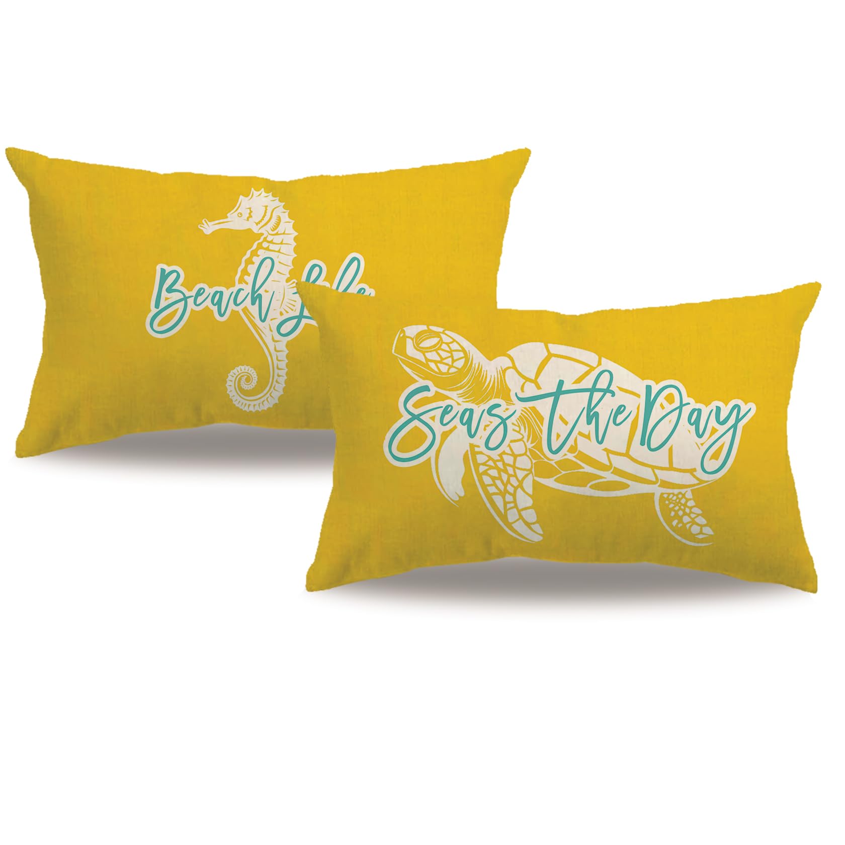 7COLORROOM 2Pack Ocean Theme Decor Throw Pillow Cover Yellow Double-Sided Printed Sea Turtle Seahorse Rectangular/Waist Cushion Cover Summer Coastal