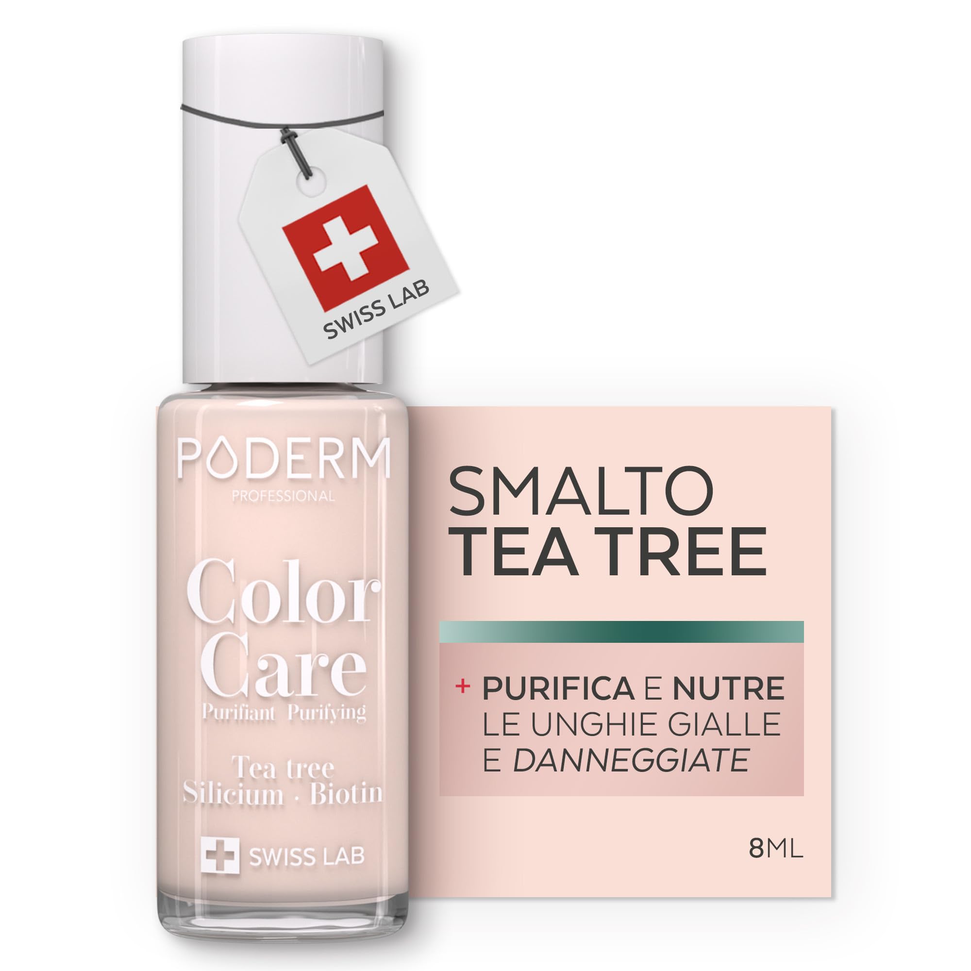 PODERM Smalto Cura per Unghie con Tea Tree - Rosa Cipria | Swiss Lab - 8ML | Arricchito con Tea Tree, Silicio & Biotina | Purifica, Schiarisce & Nutre le Unghie Gialle | Creato da una Podologa