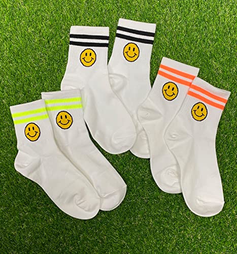 Happy Face Fun Design Positive Smile Quarter Socks with Neon Double Stripes for Women 3P Set2